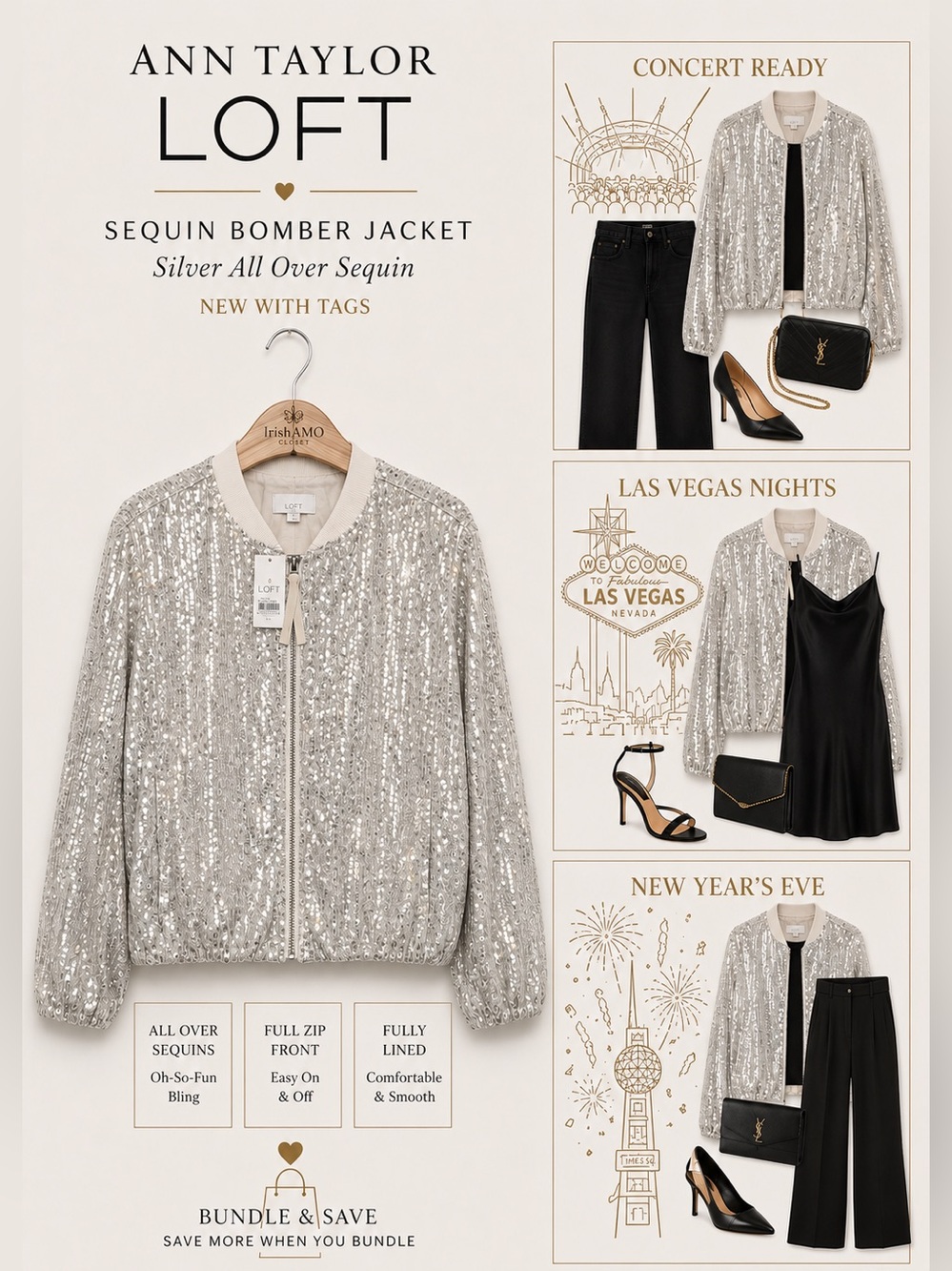LOFT Silver Sequin Bomber Jacket | Holiday | Vegas | New Years Eve | NWT | XL